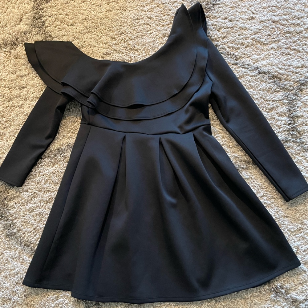 ASOS Scuba One Off Shoulder Ruffle Dress in Black Size 14
